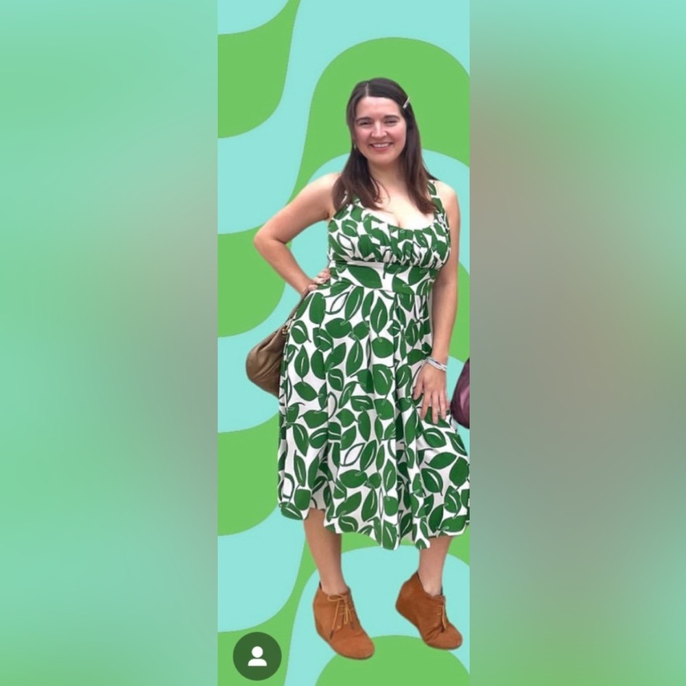 Jones NY Midi scoop neck dress, apple green leaf pattern & off-white - size 12